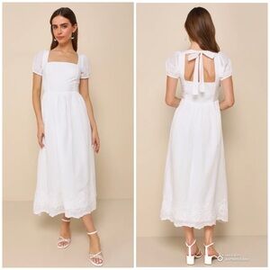 Lulu's White Square Neck Midi Dress with Puff Sleeves